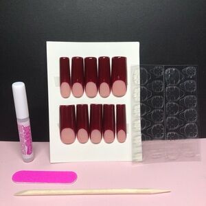 Handmade press on nails. Long square dark red low French tip.